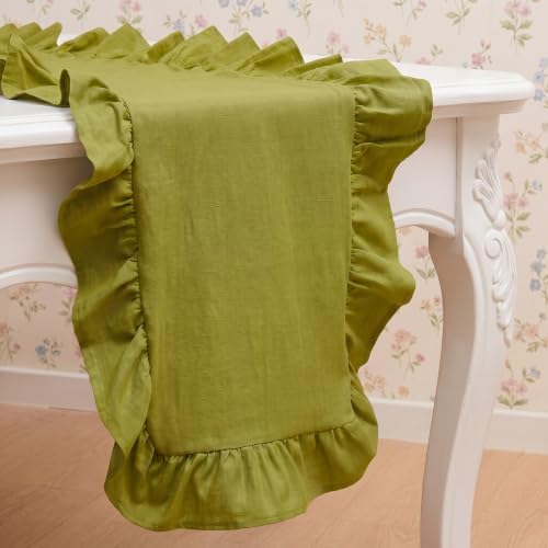 HunnmingRe Grass Green Ruffled Table Runner 72 Inch Scalloped Tablecloth Cotton Flounces Washable Home Farmhouse Rustic Kitchen Decor for Rectangle Table Thanksgiving Christmas Party Wedding - color: Grass Green, size: 14 x 72 Inch