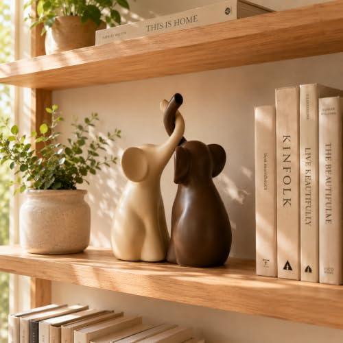 Elephant Figurines Home Decor, Set of 2 Ceramic Elephant Statues, Ivory White and Brown, Shelf Figurine, Elephant Gift for Women, 14th Anniversary, Wedding or Housewarming Gift for Couples