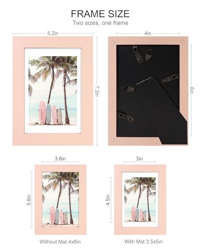 Hongkee 4x6 Picture Frame (4 Pack, Pink), Made of Real Glass and Wooden Frame - Display Pictures 3.5x5 with Mat or 4x6 Without Mat, 4 by 6 Photo Frames TableTop Display and Wall Mounting - color: Pink, size: 4x6 in