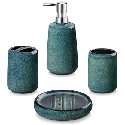 vancasso Green Bathroom Accessories Set, Ceramic Soap Dispenser and Toothbrush Holder Sets, Stoneware 4 Pcs Bathroom Sink Set for Modern Home Decor, Series Starry - style: Green