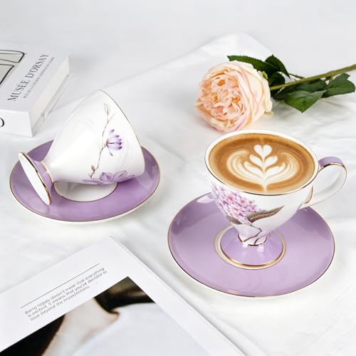 KAMMAK Tea Cups Set of 2,Ceramic Floral Pattern Demitasse Cup | Porcelain Espresso Cup with Saucer, 8.45 oz Handmade Elegant Bone China Tea Cups for Latte, Americano, Cappuccino - color: Magnolia & Hydrangea