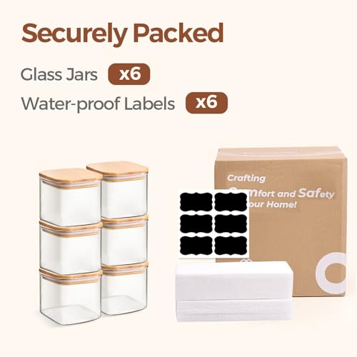 ComSaf Square Glass Containers With Lids 0.6 Qt, Set of 6 Small Galss Jars | Small Glass Canisters, Spice Jar, Pantry Organization, Snack, Cookie, Coffee Bar Organization, Size For Subpackage, BPA Free - size: 0.6Qt*6
