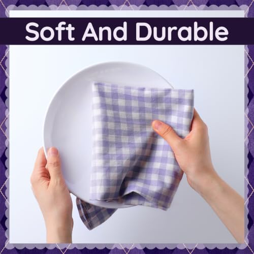 HunnmingRe Purple Kitchen Towels Set of 2, 100% Cotton Ruffled Gingham Dish Towels 18"x28" Absorbent Tea Cloths Classic Plaid Pattern for Farmhouse Charm, Drying Dishes, Entertaining Guests - color: Purple, style: Gingham