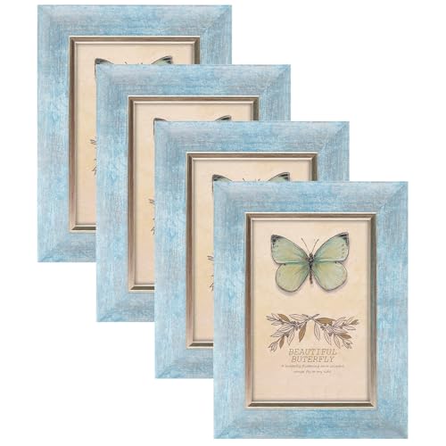 XUANLUO 4x6 Picture Frames Set of 4 Rustic Retro Photo Frame with HD Plastic Cover for Wall Mount and Tabletop Display Family Friends Wedding Gift - color: Blue-4pcs, size: 4×6 inch