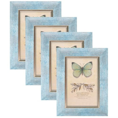 XUANLUO 4x6 Picture Frames Set of 4 Rustic Retro Photo Frame with HD Plastic Cover for Wall Mount and Tabletop Display Family Friends Wedding Gift - color: Blue-4pcs, size: 4×6 inch