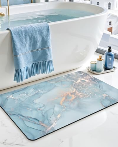DEXI Bathroom Mat Ultra Thin, Non Slip Bath Rug for Shower Floor, Absorbent Quick Dry Marble Bathmats Low Profile, 24x16, Blue - color: Blue, size: 24" X 16" (Rectangular)