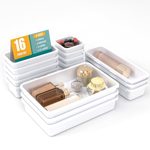 16 PCS Drawer Organizer Set, 4 Size Makeup Drawer Divider Organizer With Non-Slip Pads, Interlocking Plastic Storage Bins for Office,Jewelry Vanity,Gadgets, Bathroom,Kitchen, White - color: White, size: 16Pack