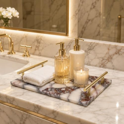 Calacatta Viola Marble Bathroom Tray with Gold Handles, Natural Stone Vanity Organizer for Towels and Essentials (with Handle 30x20cm) - color: With Handle 30x20cm