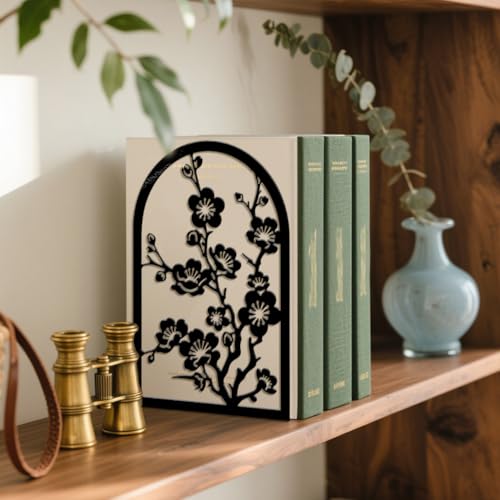5.3"x4.3"x7.9" Metal Bookends, Heavy Duty Book Ends for Shelves | Plum Blossom Branches Theme Cast Iron Book Supports, 1 Pair Decor Stoppers for Desk, Library, Office & Home Shelves - style: Plum Blossom Branches