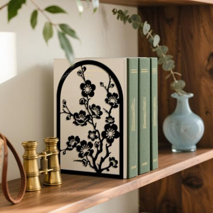 5.3"x4.3"x7.9" Metal Bookends, Heavy Duty Book Ends for Shelves | Plum Blossom Branches Theme Cast Iron Book Supports, 1 Pair Decor Stoppers for Desk, Library, Office & Home Shelves - style: Plum Blossom Branches