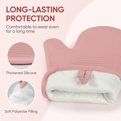 YUTAT Silicone Oven Mitts,High Heat Resistant Up to 500 Degrees,Waterproof Cooking Gloves with Soft Polyester Filling,Kitchen Potholder Set - Perfect for BBQ,Baking and Cooking,Pink,2 Pcs Set - color: Pink-striped Surface, size: 13“L x 7"W-2 Piece