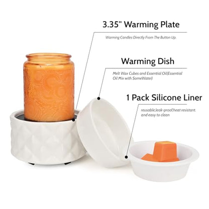 Ceramic Candle Warmer for Large Jars with 1 PC Silicone Liner | Wax Melt Warmer ,4-in-1 Electric Warmer for Jar Candle Wax Cube Essential Oil Coffee Tea Mug, Ideal Gift for Home Office - color: White Diamond
