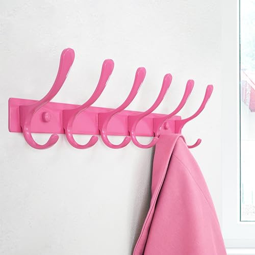 SKOLOO Wall Mounted Coat Rack - 6 Hooks, Pack of 2, Heavy Duty, Stainless Steel, Metal Wall Hanger, Sturdy Coat Hooks for Hanging Coats, Jackets, Clothes, Hats - Pink - color: Pink, size: 6 Hook(2 Pack)