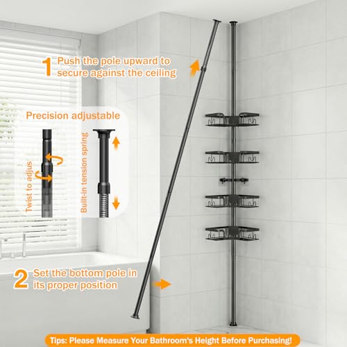 Corner Shower Caddy with Tension Pole, 4-Tier Rustproof Bathroom Organizer Shelves, No-Drill Adjustable Shower Storage Rack 42–115 Inches, Space-Saving Floor Standing Shower Organizer