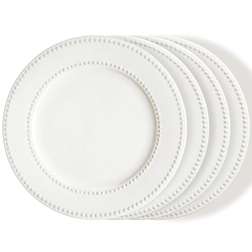 Dinner Plates Set of 4, 10.5 inch White Ceramic Plates, Embossed Salad Plates, Serving Plates for Steak Appetizer, Reusable Kitchen Dining Plates for Restaurant, Dishwasher Microwave Safe - color: 10.5 inch-White- Dot-4pcs