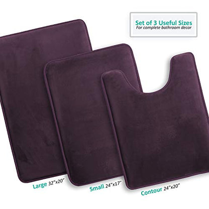 Clara Clark 3 Piece Bathroom Rugs Bath Mat Set, Velvet Memory Foam Bath Mats for Bathroom - Non-Slip, PVC Backing Bath Rugs, Washable - Dries Quickly, Purple - color: Dark Purple