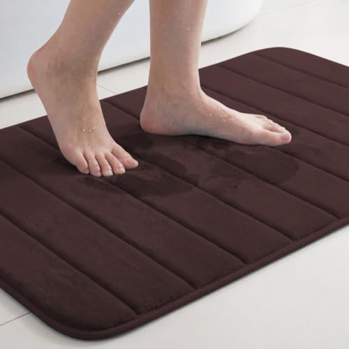 Flamingo P Memory Foam Bath Mat Extra Soft Non Slip Absorbent Bathroom Shower Rugs Machine Washable, 20x32 Inches, Chocolate Brown - color: Chocolate Brown Straight Line, size: 32" x 20"