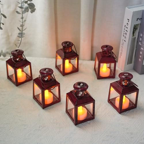 TRIROCKS 6 Pcs Small Metal Candle Lanterns Vintage Hanging House Tealight Lantern Decorative Candle Tea Light Holders for Table Valentine Patio Indoor Outdoor Gifts(Red) - color: Red
