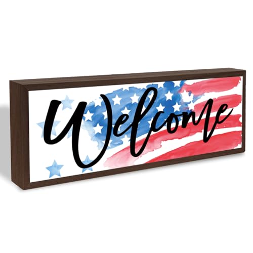 Welcome Wood Home Decor Signs, Welcome USA Flag Wood Plaque, Home Tabletop Desk Decorative Sign, Patriotic Hanging Decorative Wooden Plaque 9.5x3.1 Inches(A18) - color: welcome 18