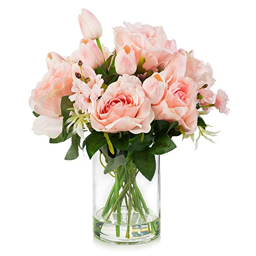 Pink Tulip Artificial Real Touch Flowers in Vase, Mixed Fake Tulips Fake Flowers and Silk Rose Artificial Flowers with Vase for Dining Table Decoration (Pink) - color: T& Rose Pink