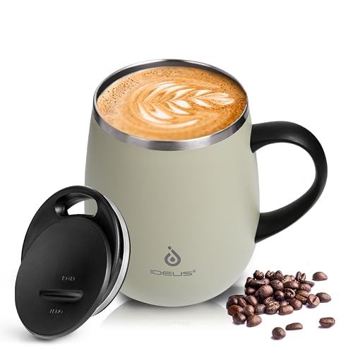 Ideus 16 oz Insulated Coffee Mug with Handle and Lid, Double Wall Stainless Steel Vacuum Thermal Coffee Mug, Travel Coffee Cup Thermal Cup for Home and Office (Celadon, FUJI DAWN) - color: Celadon