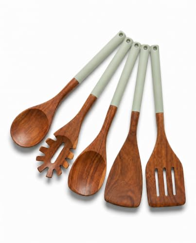 DI ORO Wooden Kitchen Utensil Set - 5-Piece Wooden Spoon & Spatula Set - Nonstick Cookware Safe Teak Wood Cooking Utensils - Heat-Resistant Kitchen Utensils Set with Silicone Handles (Sage) - color: Sage