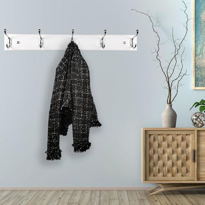 Wooden Wall Mounted Coat Rack – 24 Inch (60cm), White with 5 Silver Hooks for Entryway, Hallway, Bedroom - size: Medium-23.6in(60cm),5 Silver Hooks, style: Modern