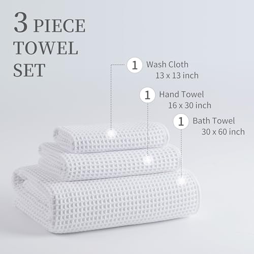 MICROFI Microfiber Waffle Bath Towels, 3 Pieces, Oversized, Soft, Absorbent, Fast Drying, Lint Free, Includes Bath, Face and Hand Towels 430 GSM - color: White