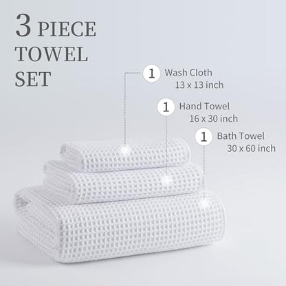 MICROFI Microfiber Waffle Bath Towels, 3 Pieces, Oversized, Soft, Absorbent, Fast Drying, Lint Free, Includes Bath, Face and Hand Towels 430 GSM - color: White