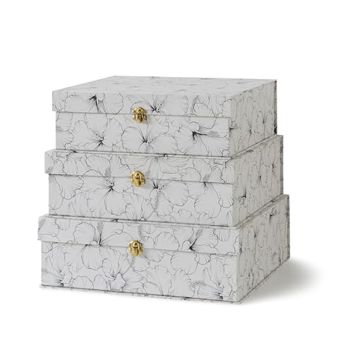 Soul & Lane - Black and White Floral Boxes with Gold Hardware, Set of 3 | Large Stacking Keepsake Boxes with Lids for Home Decor and Organizing, Elegant Cardboard Memory Storage Trunks - color: Hibiscus Harmony