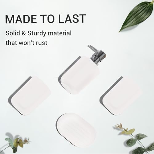 LGURT 4-Pc White Bath Accessories Set — Dispenser, Holder, Cup & Dish | Matte Plastic, Bathroom Vanity, Counter Organizer, Soap Dish & Rinse Cup, Gift - color: White