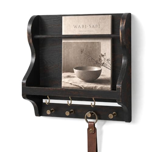 Mail Organizer Wall Mount: Magazine Holder for Room Decor, Distressed Black | Pine Wood, Anti-drop wood strip, Envelope Slot for Letter, Key Hooks, Farmhouse Wall Mail Organizer, Home Decor Accent - color: Distressed Black