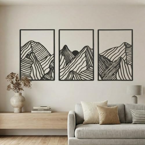Peryiter 3 Pcs Metal Wall Art Decor Landscape Mountain Wall Hanging Decor for Living Room Abstract Minimalist Modern Mountain Line Pictures Bathroom Office Home Gifts Indoor(Black) - color: Black