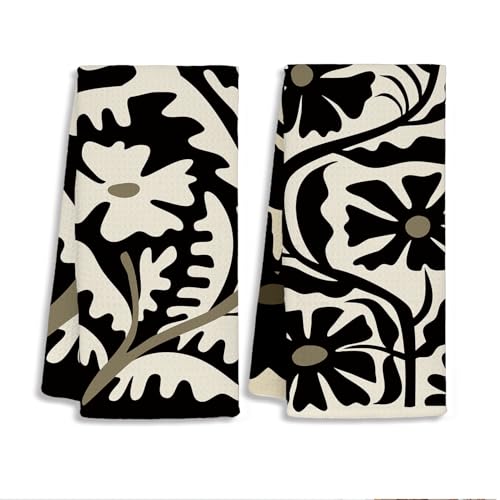 Abstract Boho Floral Kitchen Towels Set of 2, Black and Beige Flower Botanical Dish Towels for Kitchen Drying, Dark Cottagecore Neutral Hand Towels for Bathroom, 16x24 Inch - color: A-white and Black