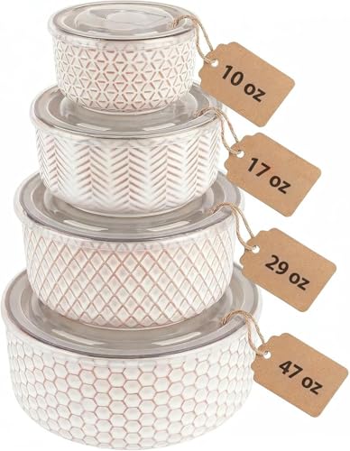 KooK Serving Bowls, with Lids, Ceramic Nesting Bowls, Set of 4, Embossed, Kitchen, Prep, Stackable, Gift, Microwave and Dishwasher Safe, 10/16/29/47 oz, Narbonne Collection (Ivory) - size: 47 Oz