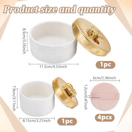 2 Pcs Jewelry Trinket Box, Ceramic Loose Dusting Cosmetic Storage Box with 4pcs Cosmetic Puffs Bee Lid Decorative Organizer for Women Jewelry Makeup Setting Applicator