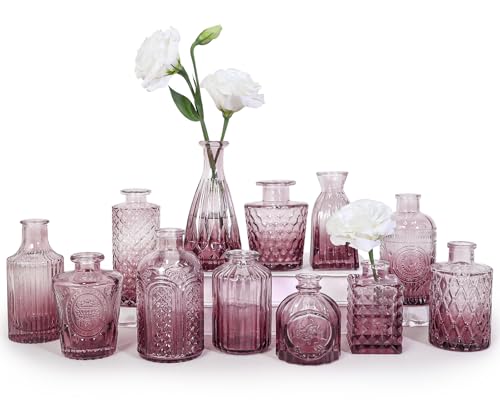 SUPMIND Glass Bud Vases Set, 12pcs Purple Small Flower Vases in Bulk | Mini Vintage Vase for Table Centerpieces, Wedding, Home Decor, Table Decoration, Baby Shower, Party Decor - color: Purple, size: 12Pcs