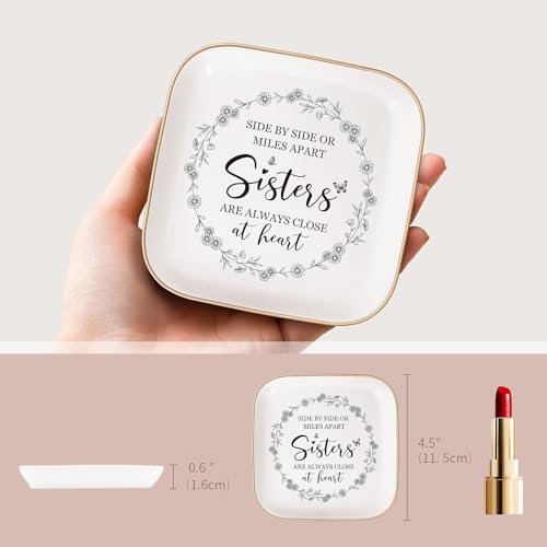 Gifts for Friends Going Away Friendship Ceramic Ring Dish (Sister) | Best Friend Birthday Gifts for Women – Side By Side Or Miles Apart, Sisters Are Always Close At Heart，Sister Gift - color: White-sister