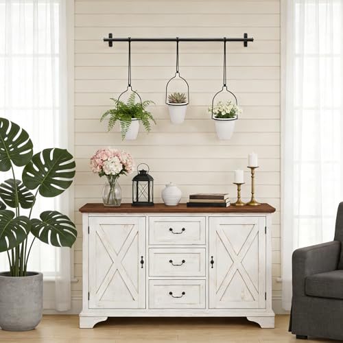 1 Adjustable-Width Hanging Plant Hanger Set Window Sill Hook-Mounted Plant Display Rack Set Indoor Herb Garden Plant Rack Includes 3 White Plant Pots Suitable for Windowsills, Ceilings, and Balconies