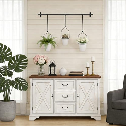 1 Adjustable-Width Hanging Plant Hanger Set Window Sill Hook-Mounted Plant Display Rack Set Indoor Herb Garden Plant Rack Includes 3 White Plant Pots Suitable for Windowsills, Ceilings, and Balconies