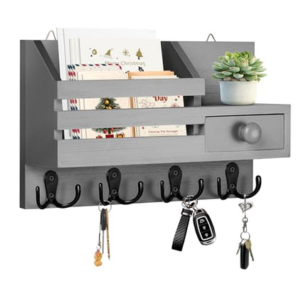 Key Holder Wall Mount, Wooden Key and Mail Organizer, Gray | 2 Mount Options, Includes 8 Hooks, Fence Mail Slot, Small Drawer and Shelf, for Entryway, Hallway, Doorway, Living Room, RV - color: Gray