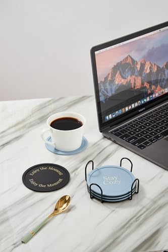 Silicone Coasters Set of 6, Premium Drink Coaster with Holder, Non-Slip, Non-Stick, Dishwasher Safe, Perfect for Hot and Cold Drinks, Protect Your Desks and Tables(3 Morandi Blue + 3 Black) - color: 3 Morandi Blue + 3 Black