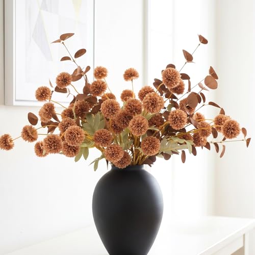 RyddeligHome Brown Mums Artificial Flowers Arrangement for Vases | 10 Faux Mum Stems With 2 Eucalyptus Branches, , Realistic Fall & Winter Floral Arrangements, Brown Centerpieces For Tables - color: Brown