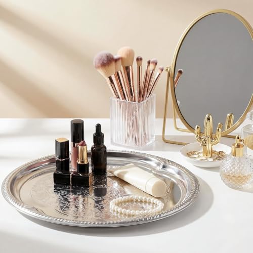 4 Pcs Large Silver Serving Tray 20.3 x 15.2 Inch Elegant Floral Metal Plate Silver Platter for Buffet Wedding Party Jewelry Decorative, Oblong