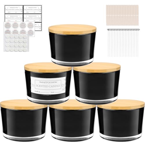 CONNOO 6 Pack 16oz Black Wide Mouth Glass Candle Jars | Airtight Bamboo Lids, Sticky Warning Labels, For Candle Making, Dishwasher Safe - color: 6 Pack-Matte Black