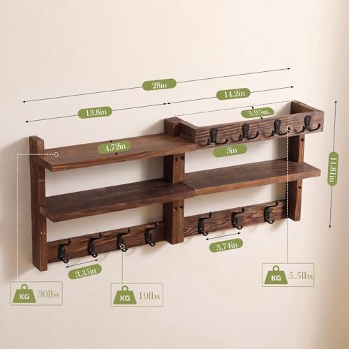 28" Coat Rack Wall Mount with Shelf 4 in 1 Two Tier Wall Shelf Coat and Key Hanger with 11 Hooks Entryway Key Holder with Mail Holder for Hallway Entryway Bathroom Mudroom Bedroom, Rustic Brown
