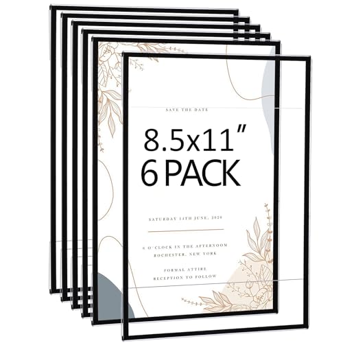 Acrylic Picture Frames 8.5x11 Set of 6, Photo Frames Collage Wall Decor,No Drilling 8.5x11 Floating Hanging Picture Frames for Home, School, Office - Black Color - color: Black, size: 8.5x11"
