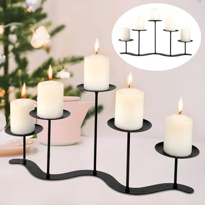 Wrought Iron 5-Arm Candle Stand, Heavy Duty S-Wave Pillar Holder | Black Metal Pillar Holder Stand, S-shaped Wave Base, for Outdoor Wedding Christmas Party, Tool-free Screw-in Design - color: S-5 Candles