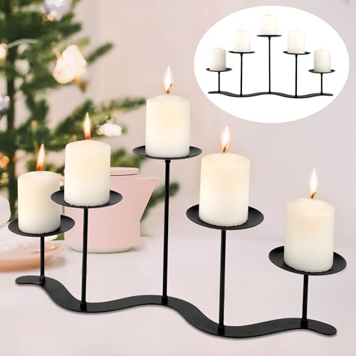 Wrought Iron 5-Arm Candle Stand, Heavy Duty S-Wave Pillar Holder | Black Metal Pillar Holder Stand, S-shaped Wave Base, for Outdoor Wedding Christmas Party, Tool-free Screw-in Design - color: S-5 Candles