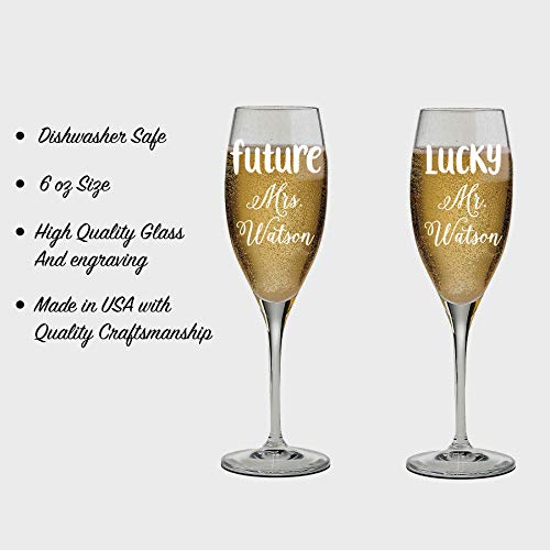 Engraved Set of 2 Glasses, Future Mrs and Lucky Mr. engraved Customized Wedding Toast, Champagne Flute Set, Wedding Toasting Glasses - color: Wedding-14, style: Only Glasses
